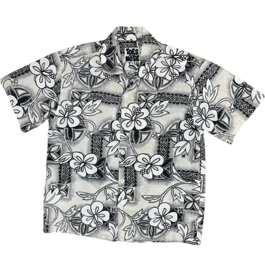 Vintage 90s Toes on the Nose Hawaiian Shirt Men's M Gray Floral Surf Camp Aloha