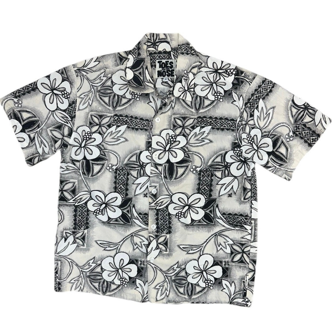 Vintage 90s Toes on the Nose Hawaiian Shirt Men's M Gray Floral Surf Camp Aloha
