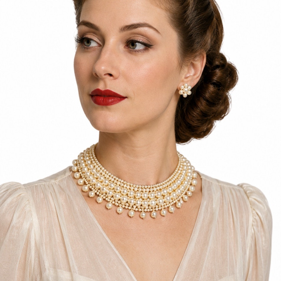 Vintage 40s Faux Pearl Beaded Collar Necklace Ivory Satin Bib 15.5”