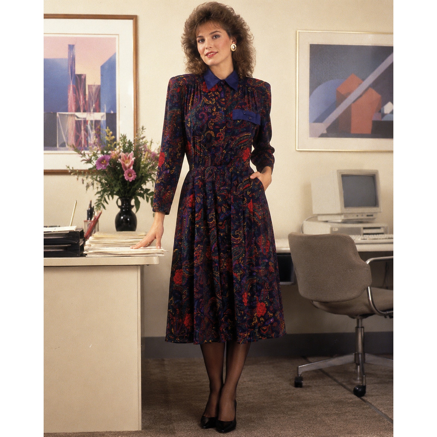 Vintage 80s Tarenti Paisley Rayon Midi Dress Navy Red Pleated Pockets Small