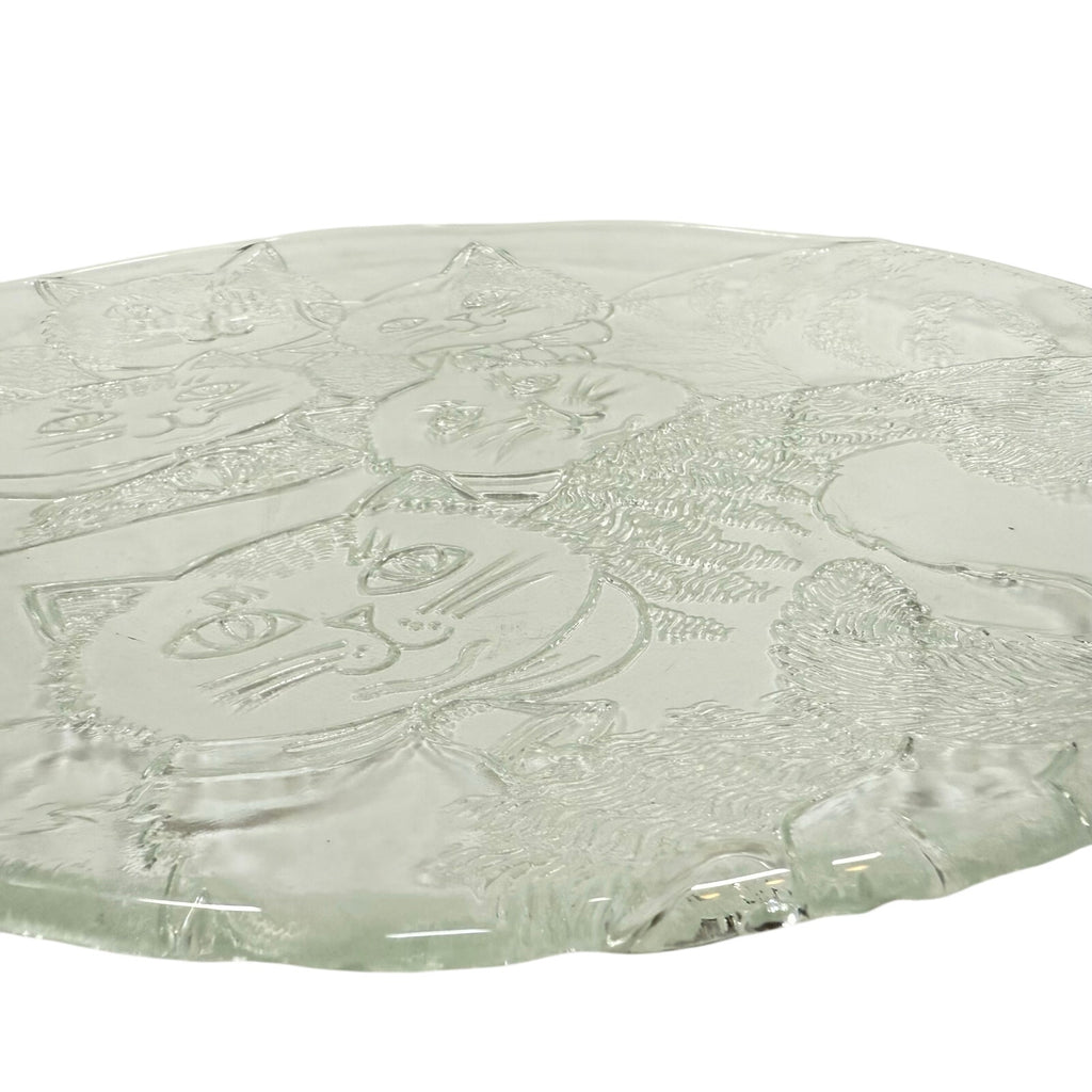Vintage 80s Cat Serving Tray Round Clear Embossed Glass Plate 12.5" Cat Lover