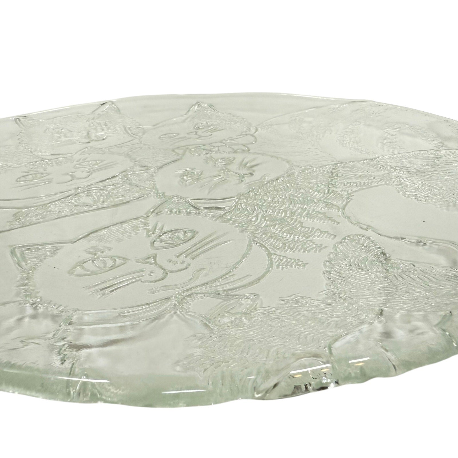 Vintage 80s Cat Serving Tray Round Clear Embossed Glass Plate 12.5" Cat Lover