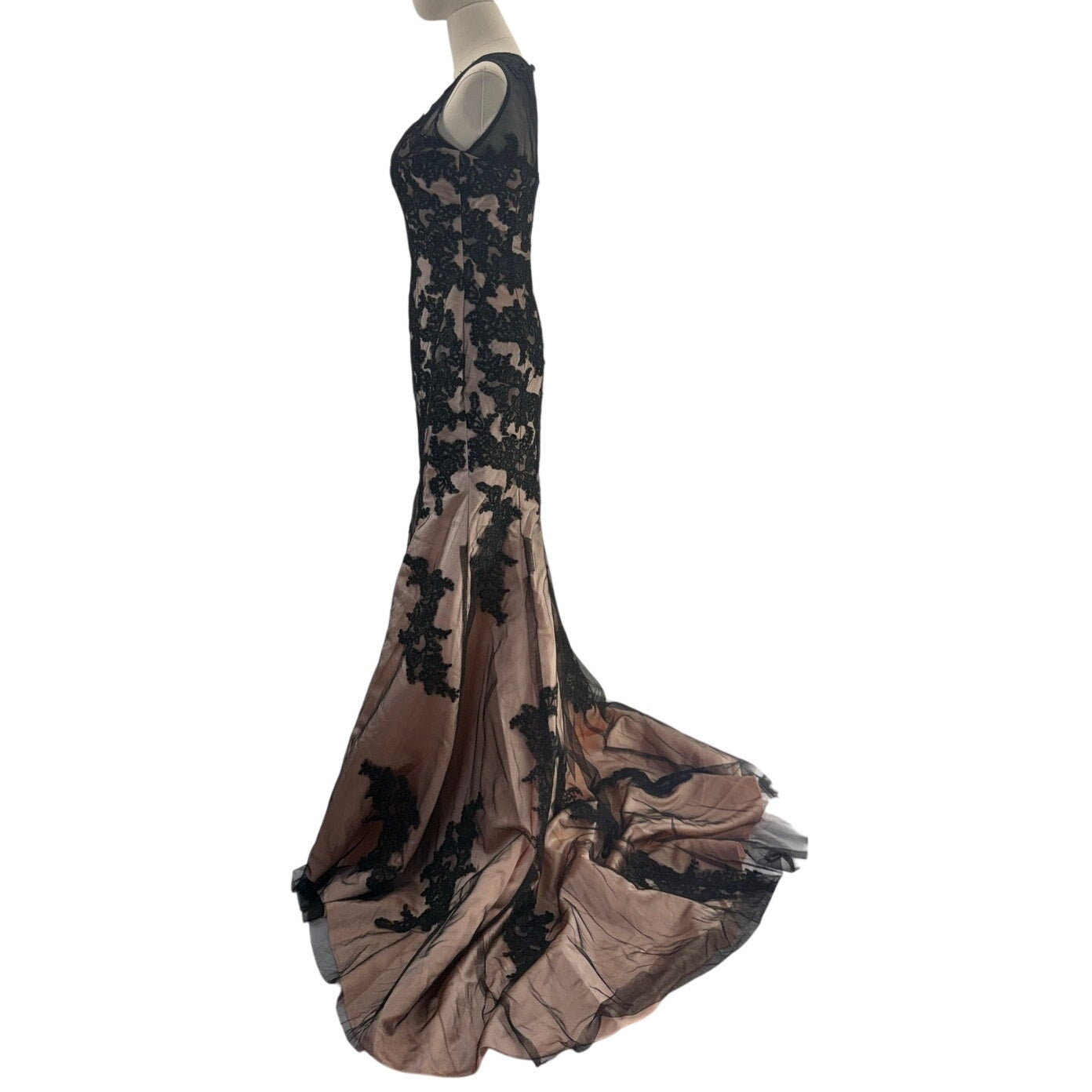 Vintage 90s Black Lace Mermaid Evening Gown Nude Illusion Formal Dress XS Petite