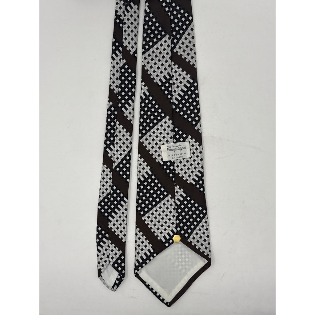 Vintage 70s Mens Wide Disco Necktie Champs Elysee Op Art Check Brown Black White