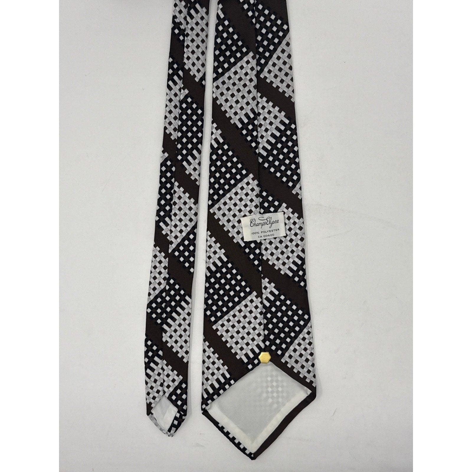 Vintage 70s Mens Wide Disco Necktie Champs Elysee Op Art Check Brown Black White