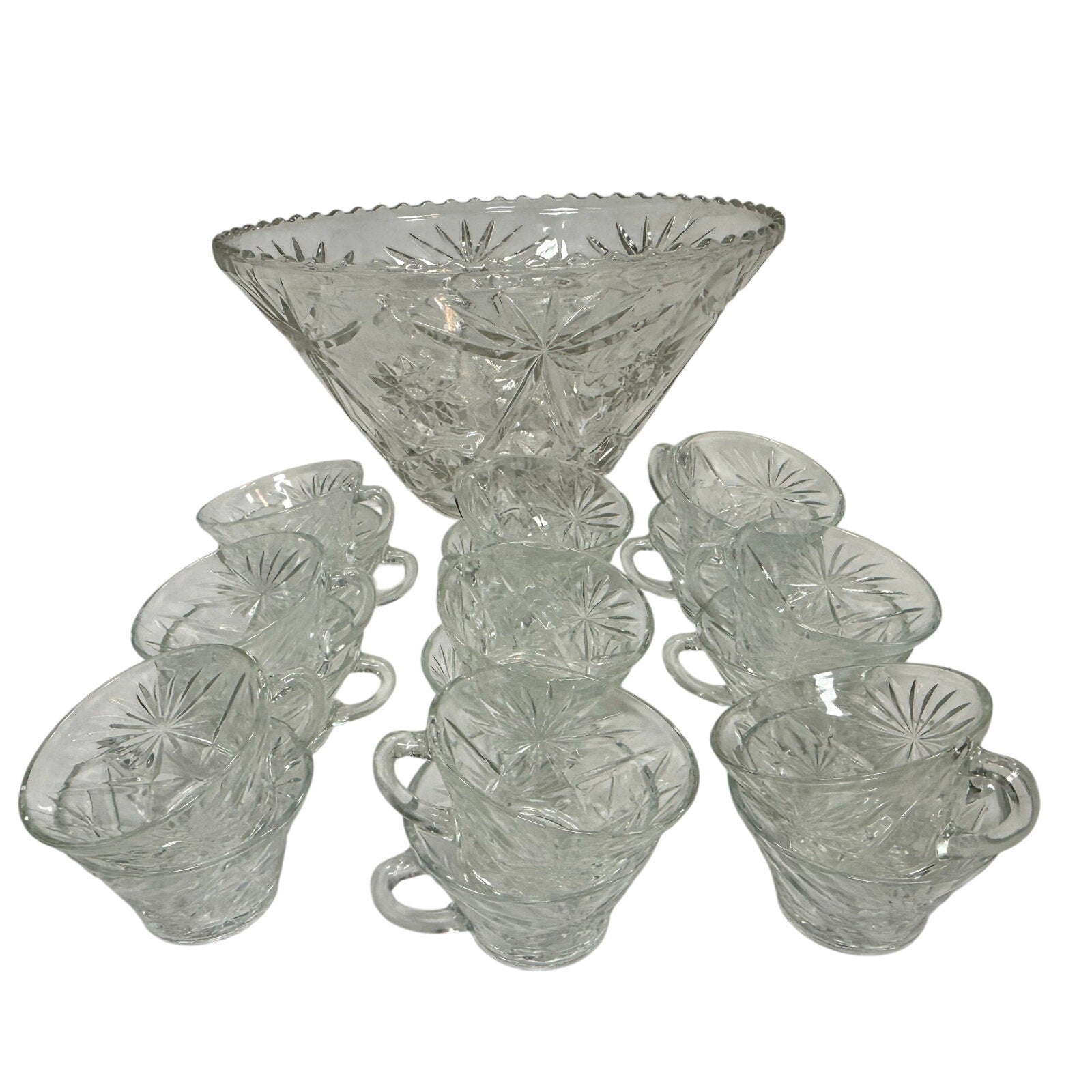 Vintage 70s Clear Glass Punch Bowl Set w/ 9 Cups Starburst Pattern 14” Large