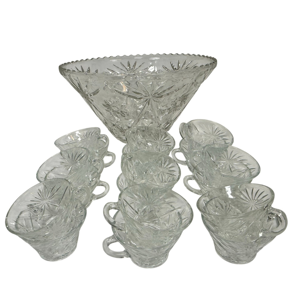 Vintage 70s Clear Glass Punch Bowl Set w/ 9 Cups Starburst Pattern 14” Large