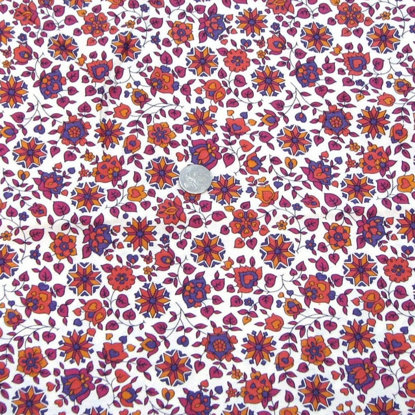 Vintage 70s Fabric Floral Cotton Fabric Cream Orange Red Purple 126” x 36”