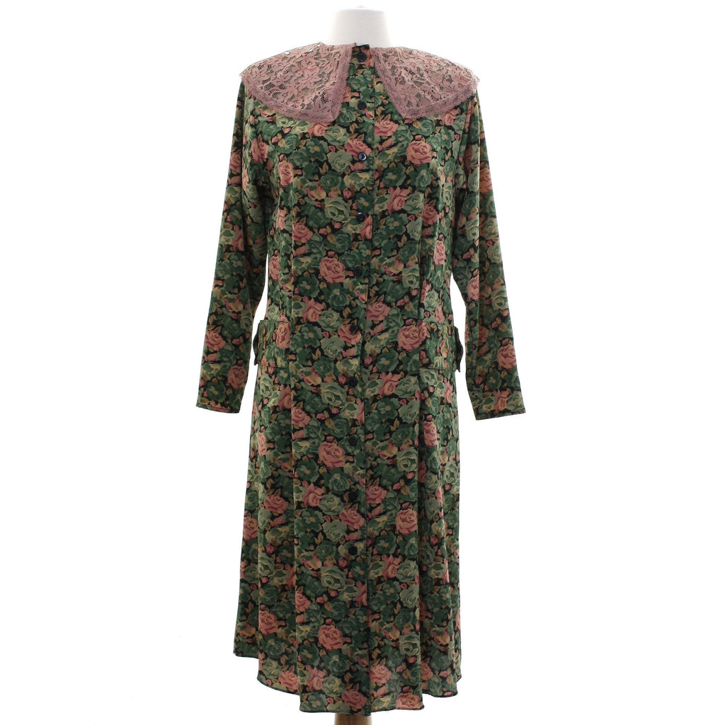 Vintage 80s Mindy Malone Floral Rayon Midi Dress Lace Collar Women's 4