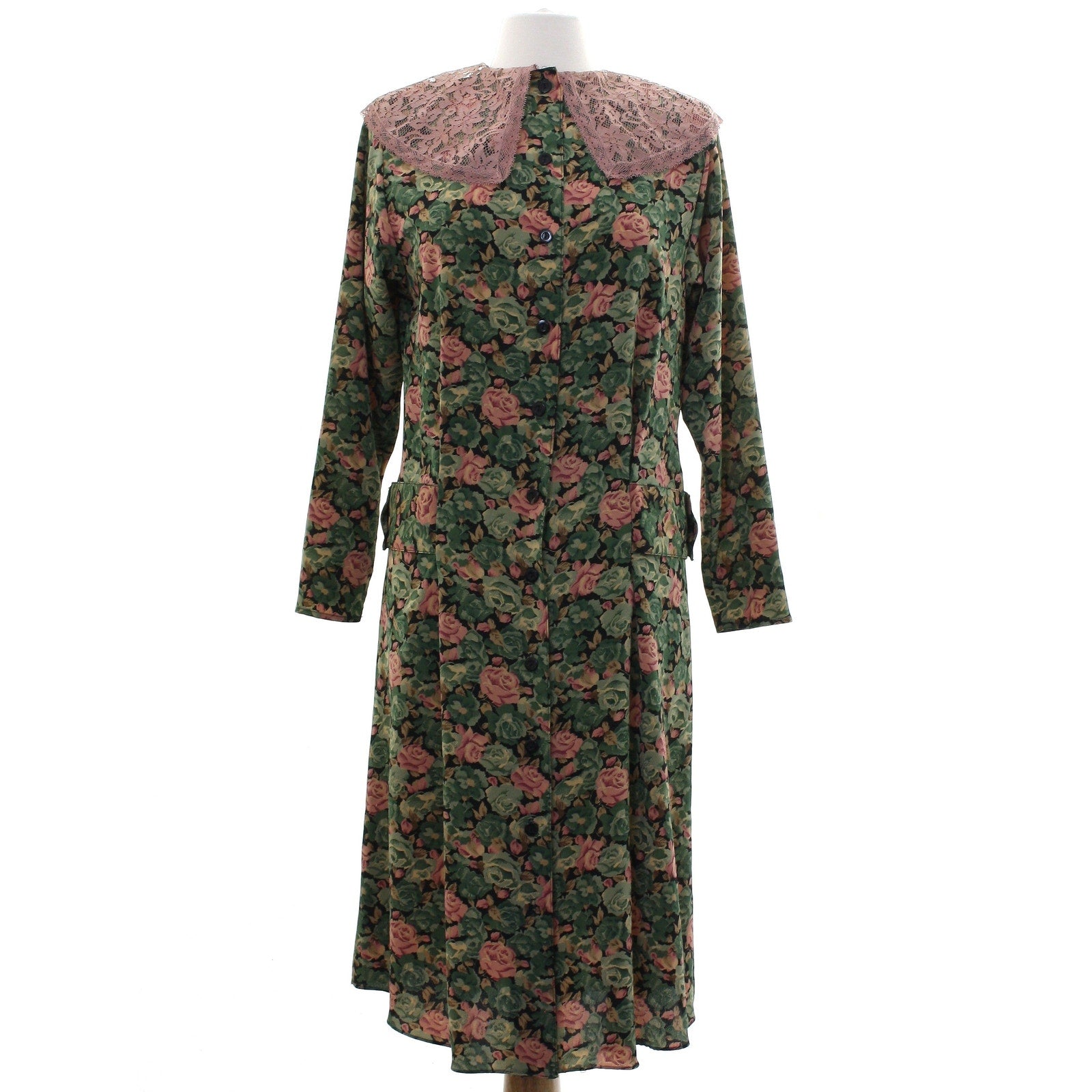Vintage 80s Mindy Malone Floral Rayon Midi Dress Lace Collar Women's 4