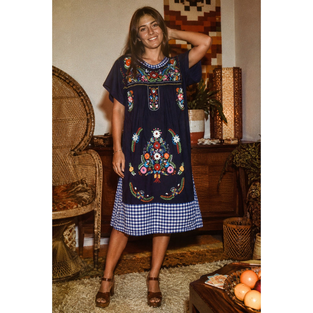 Vintage 70s Huipil Embroidered Floral Navy Cotton Lounge Dress Women's M/L