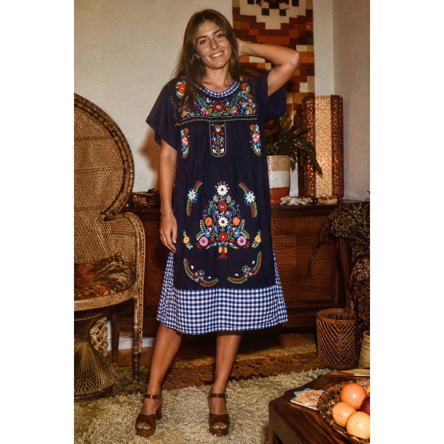 Vintage 70s Huipil Embroidered Floral Navy Cotton Lounge Dress Women's M/L