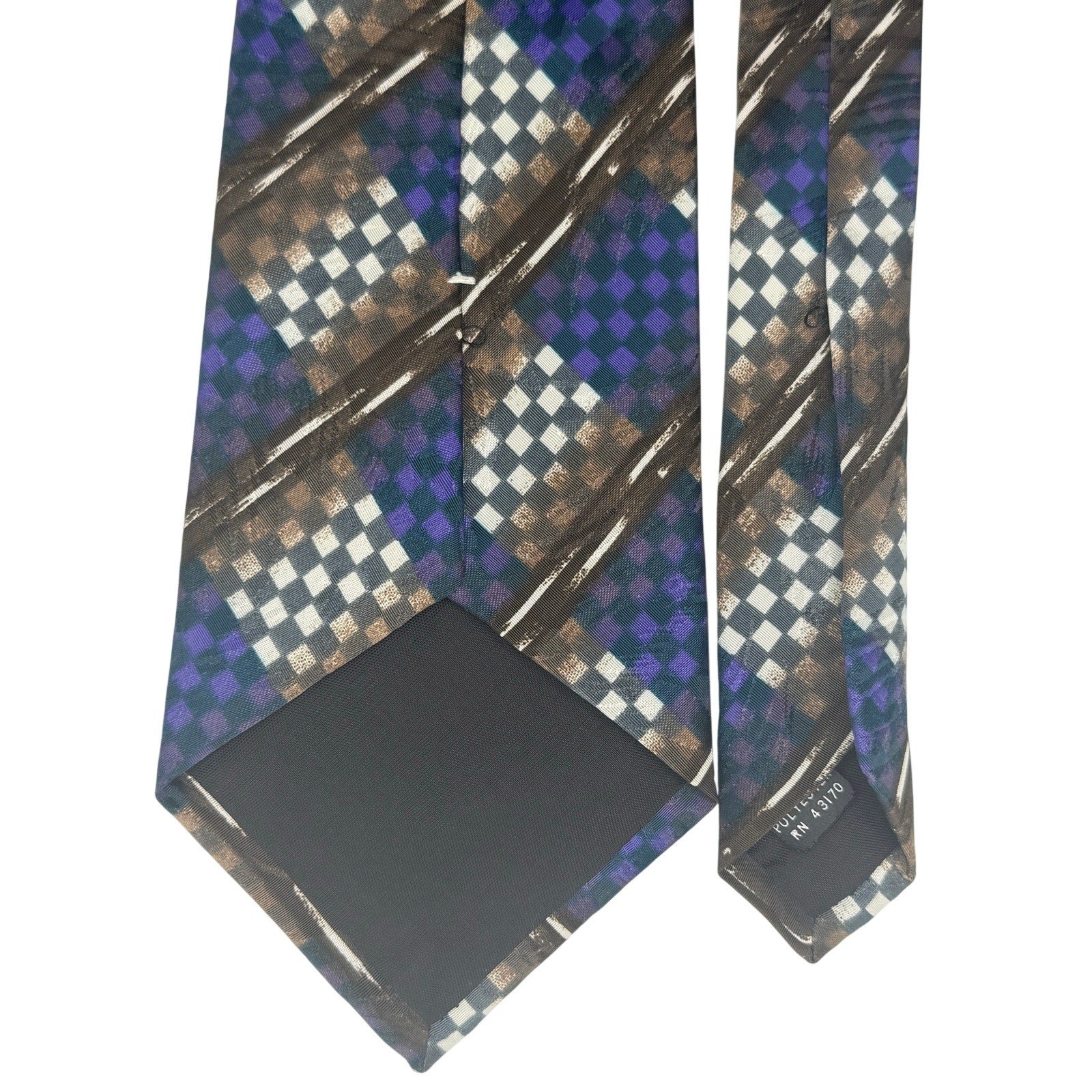 Vintage 90s Manhattan Purple Brown Checkerboard Polyester Necktie 58x3.5