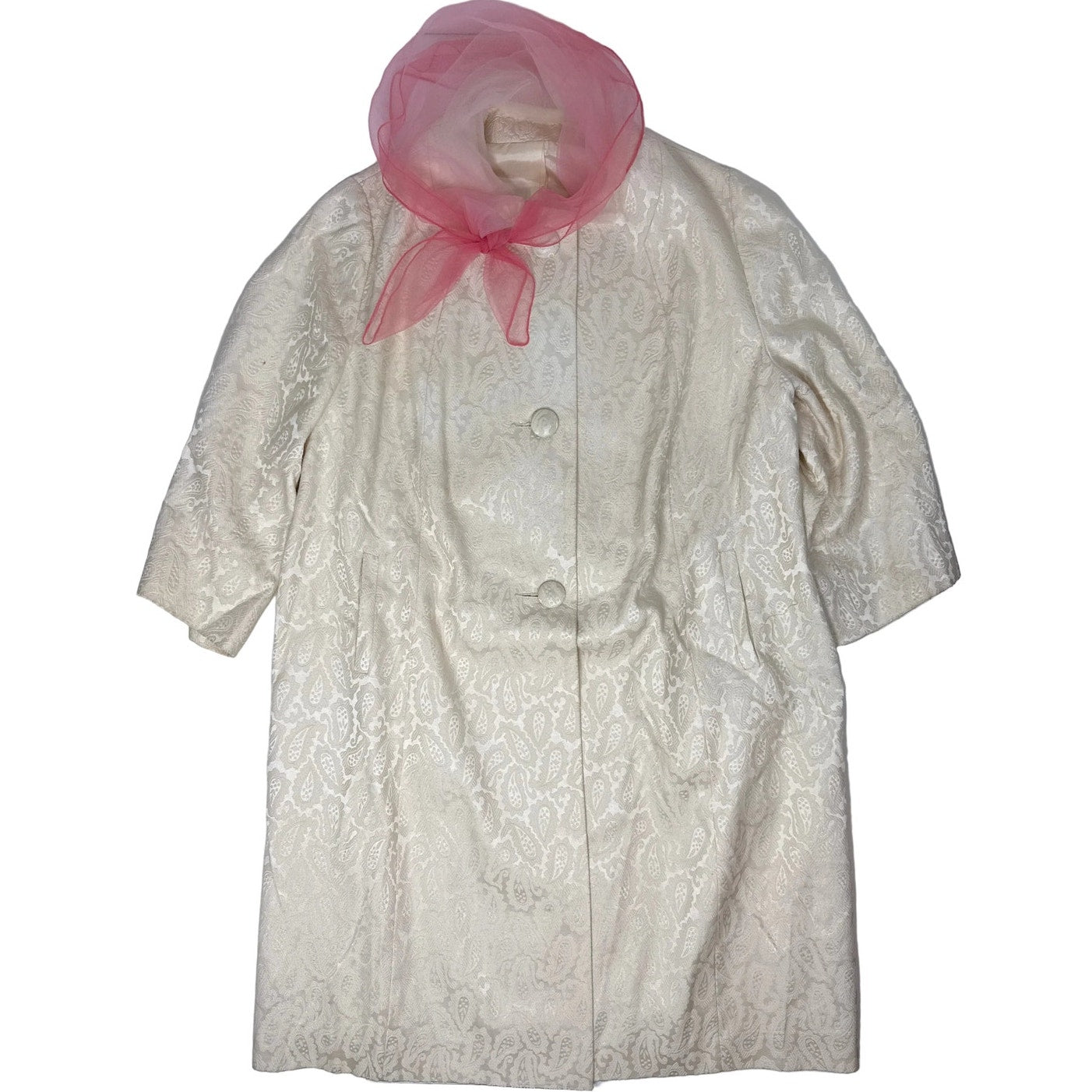 Vintage 60s Women’s XL Cream Flocked Paisley Coat Rayon A-Line Chiffon Scarf Trim