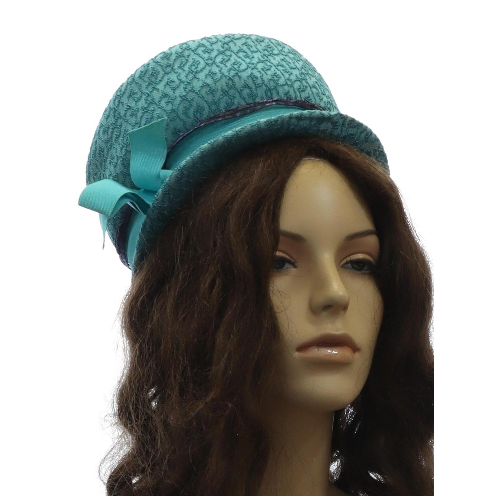 Vintage 1960s Lenhar Turquoise Textured Pillbox Hat Bow Accent 6.5