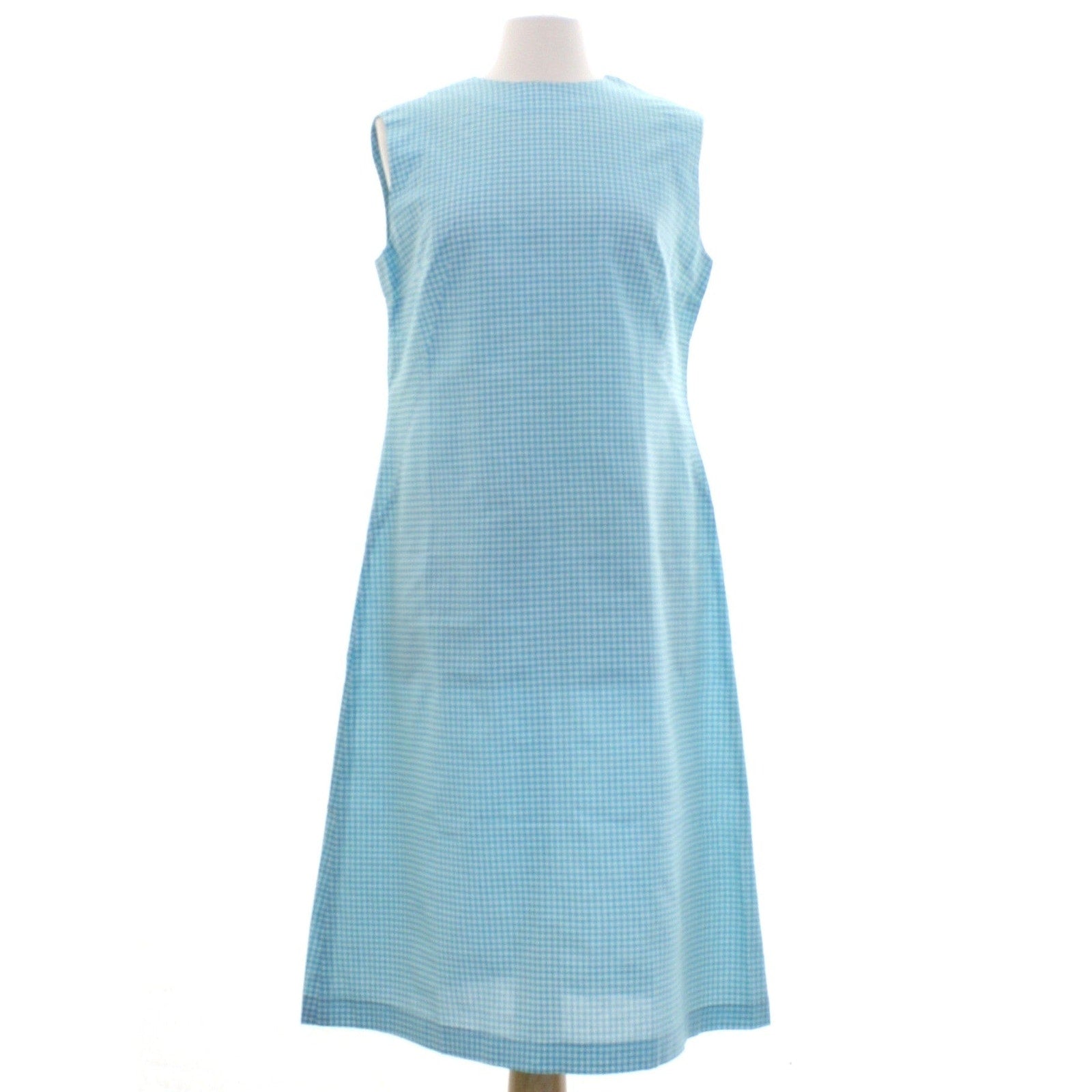 Vintage 70s Blue Gingham Midi Dress Sleeveless Cotton Blend Women's Medium