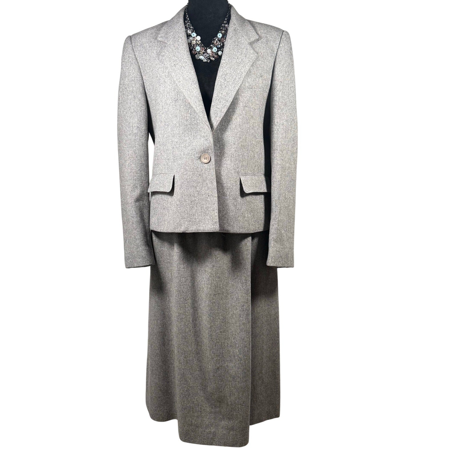 Vintage 80s Women's 14 Evan-Picone Wool Gray Skirt Suit Set USA Made