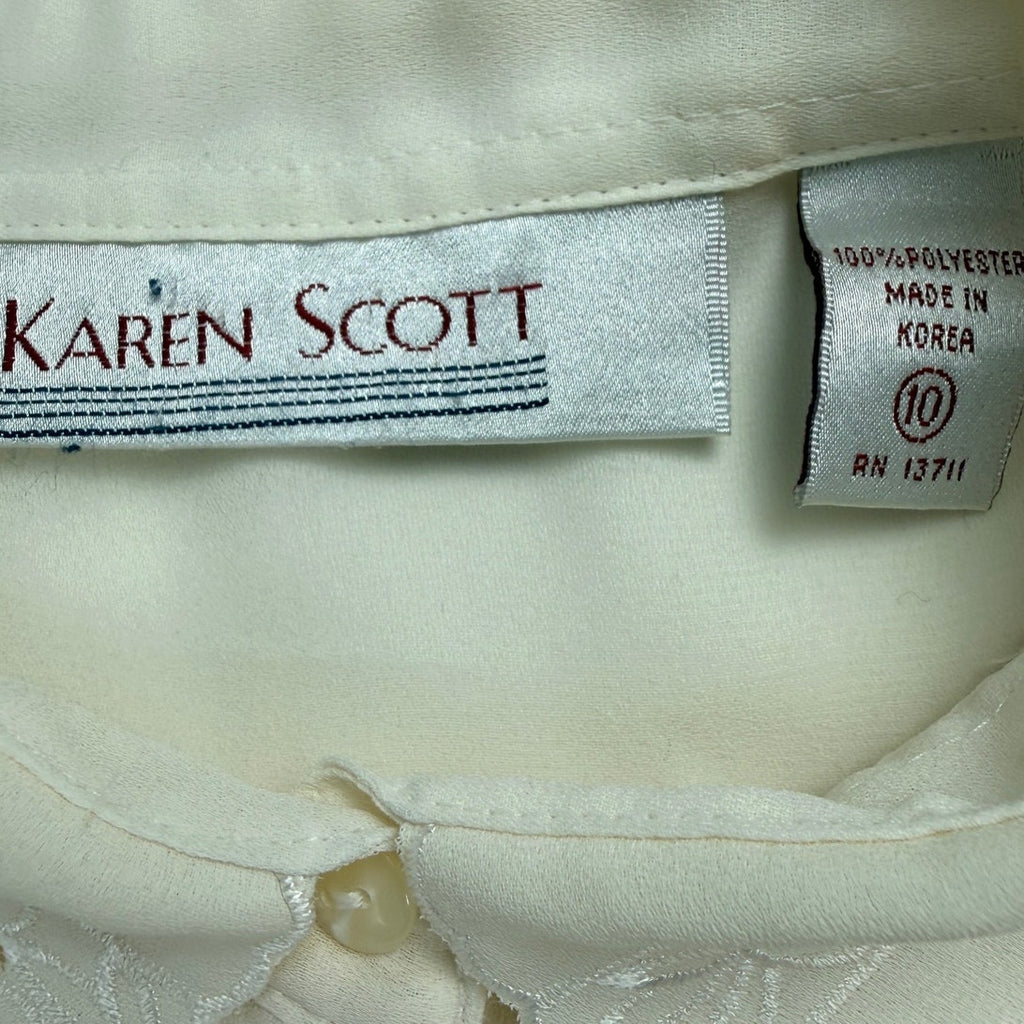 Vintage 80s Karen Scott Womens Size 10 Cream Sheer Blouse Hidden Button