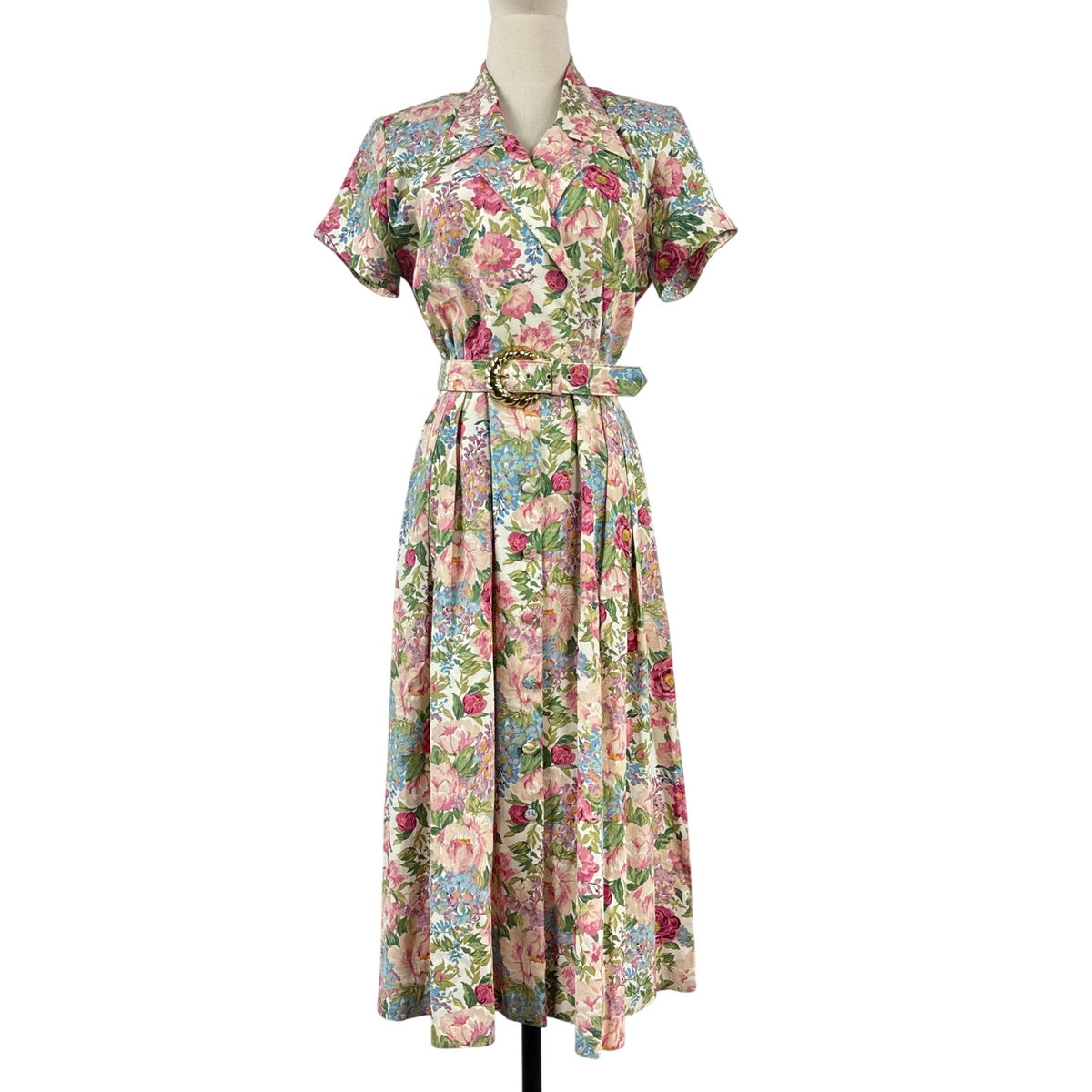 Vintage 80s R.J. Stevens Pink Floral Belted Midi Dress Size 14 Women's Medium