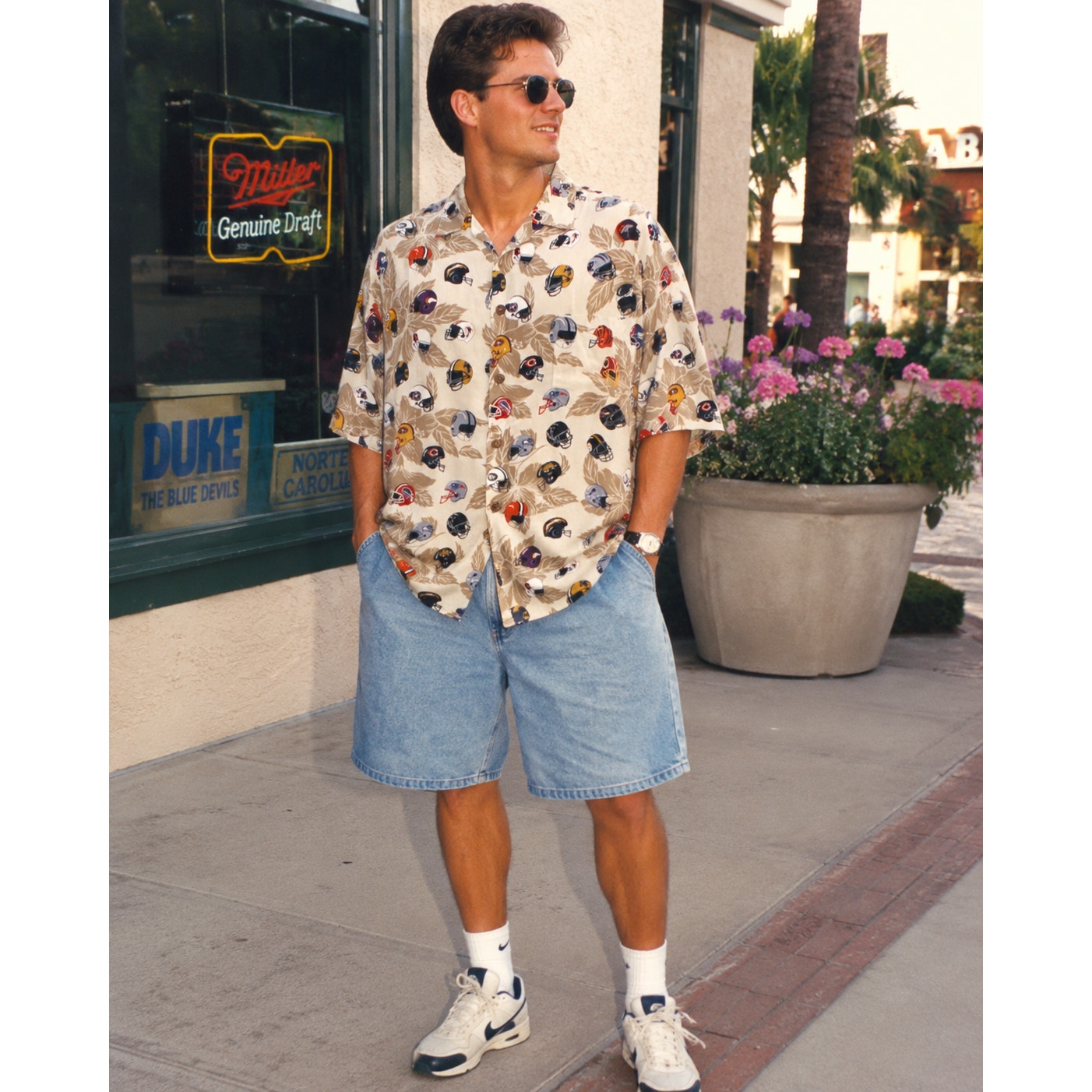 Vintage 90s Sun & Turf NFL Helmet Print Rayon Hawaiian Camp Shirt Men's XXL