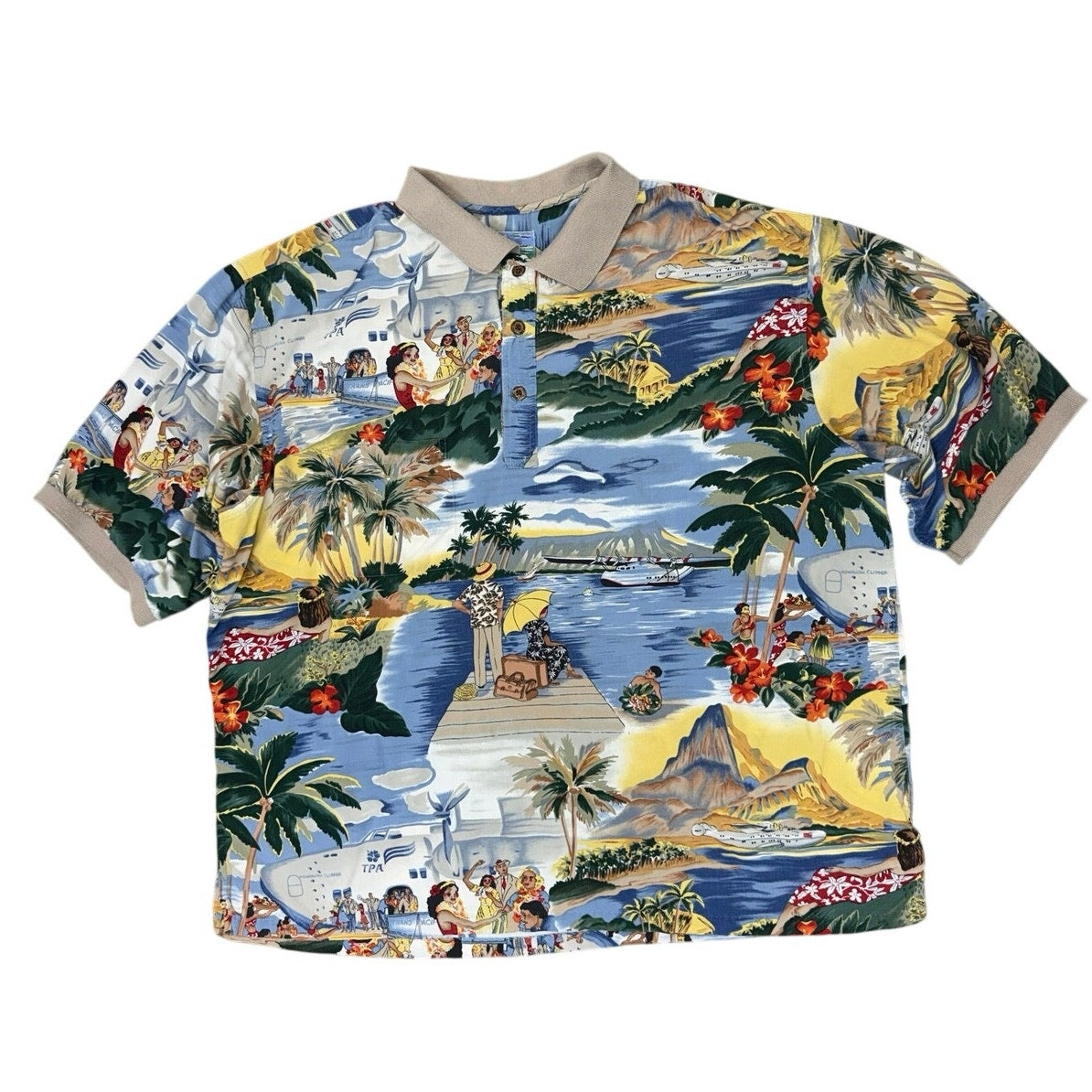 Vintage 90s Men's XL Reyn Spooner Hawaiian Polo Shirt Rayon Hula Dancer Island