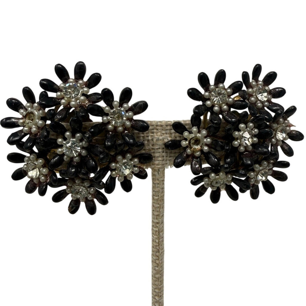 Vintage 1950s Black Daisy Rhinestone Clip On Earrings Floral 2”