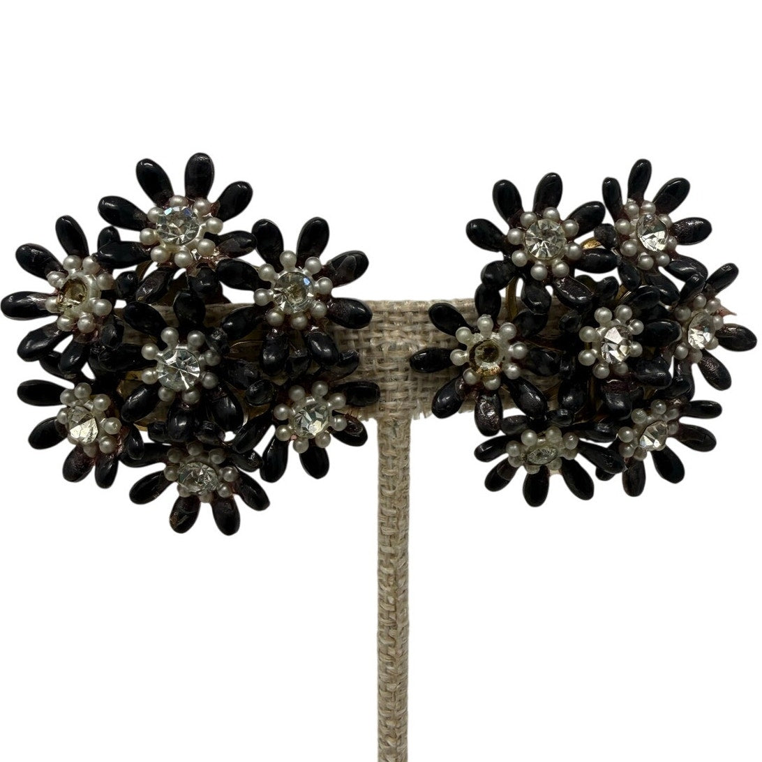 Vintage 1950s Black Daisy Rhinestone Clip On Earrings Floral 2”