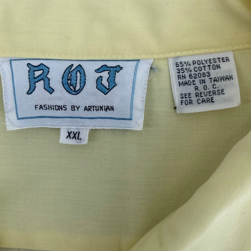 Vintage 90s ROJ Jester Embroidered Camp Shirt Mens XL Yellow Button Front