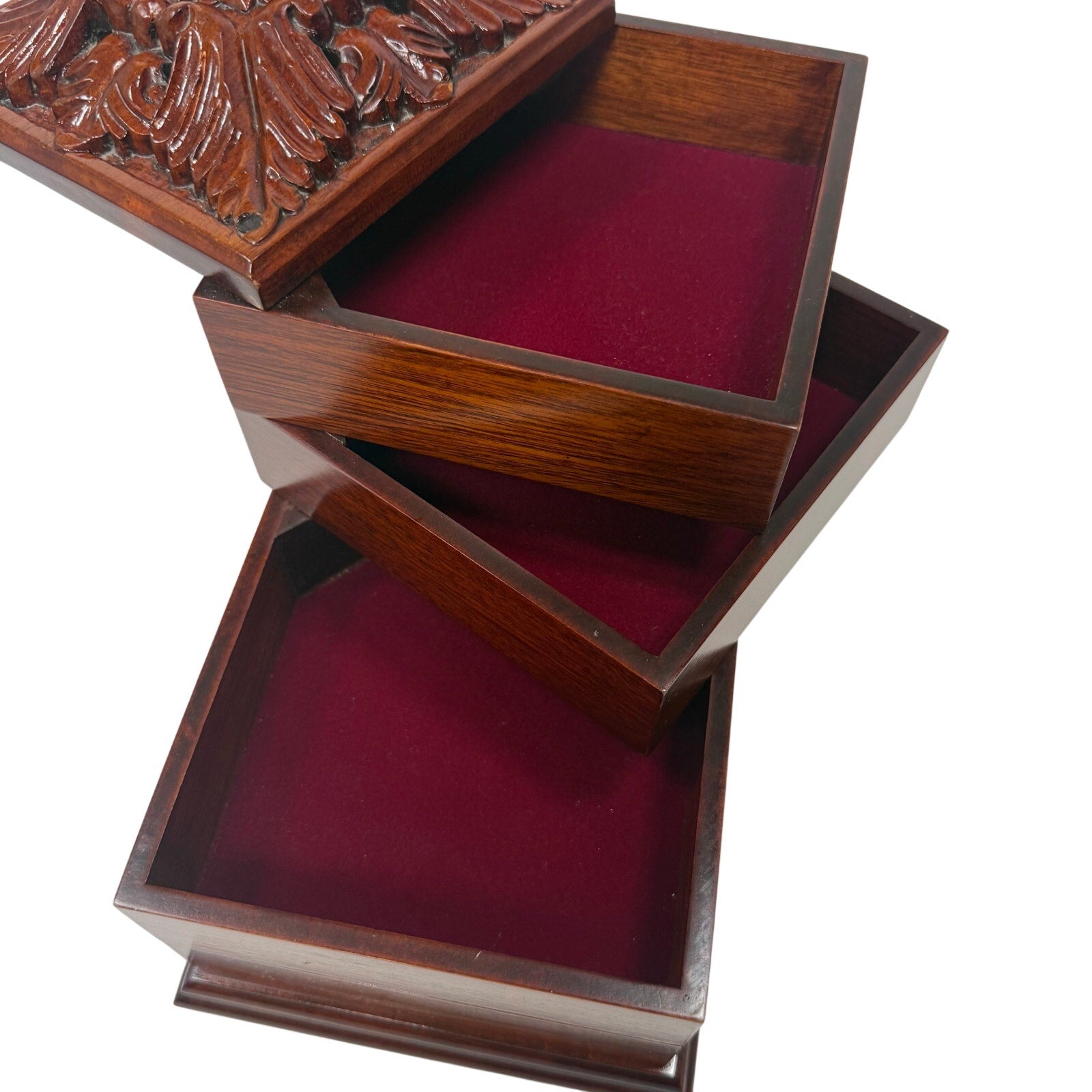 Bombay Company Jewelry Box Carved Wood Velvet Lined Tiered