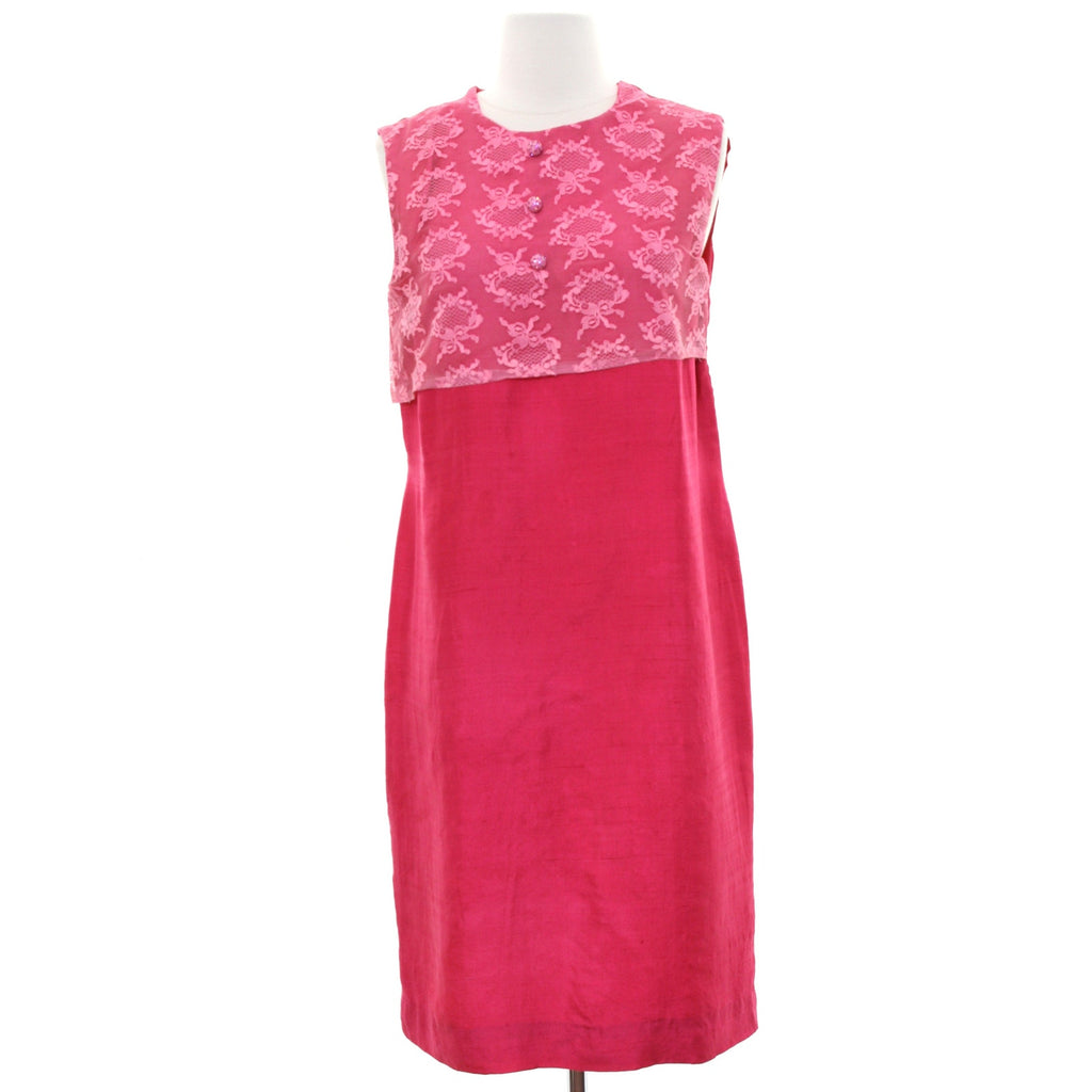 Vintage 1960s Pink Silk Lace Shift Dress Rhinestone Buttons Women's Small