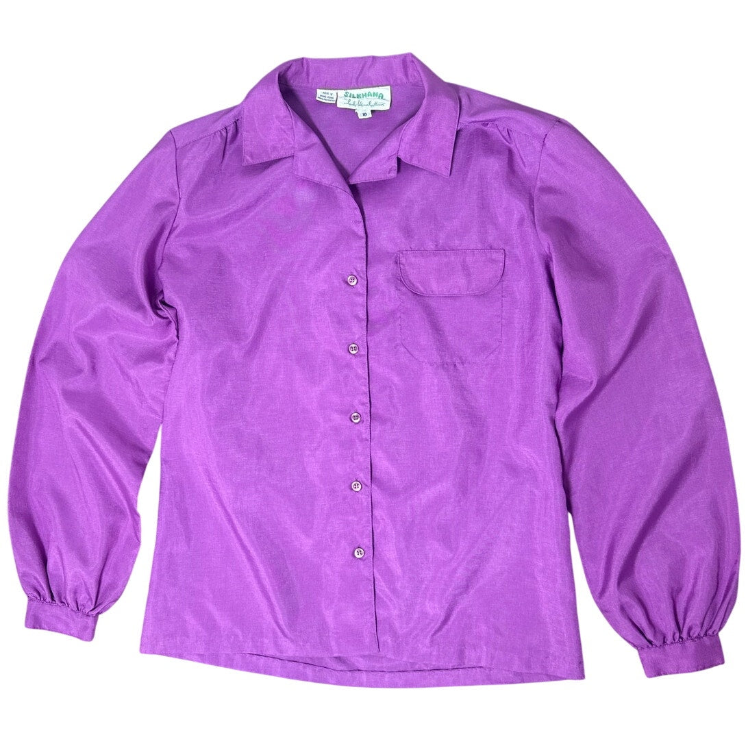 Vintage 70s Silkhana Lady Manhattan Women's 10 Blouse Violet Button Front