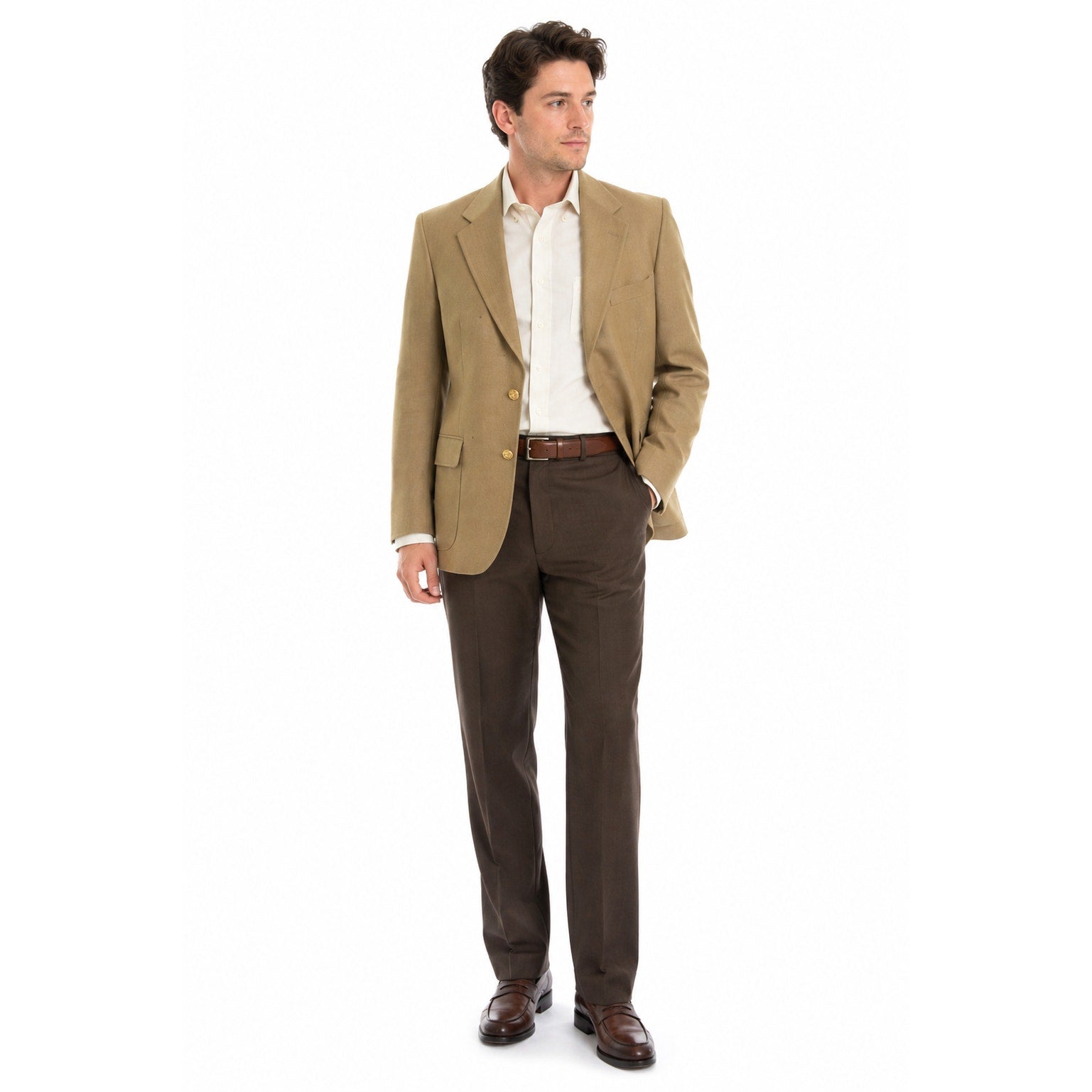 Vintage 1970s Carolcrest Men's Tan Blazer Gold Heraldic Buttons 42