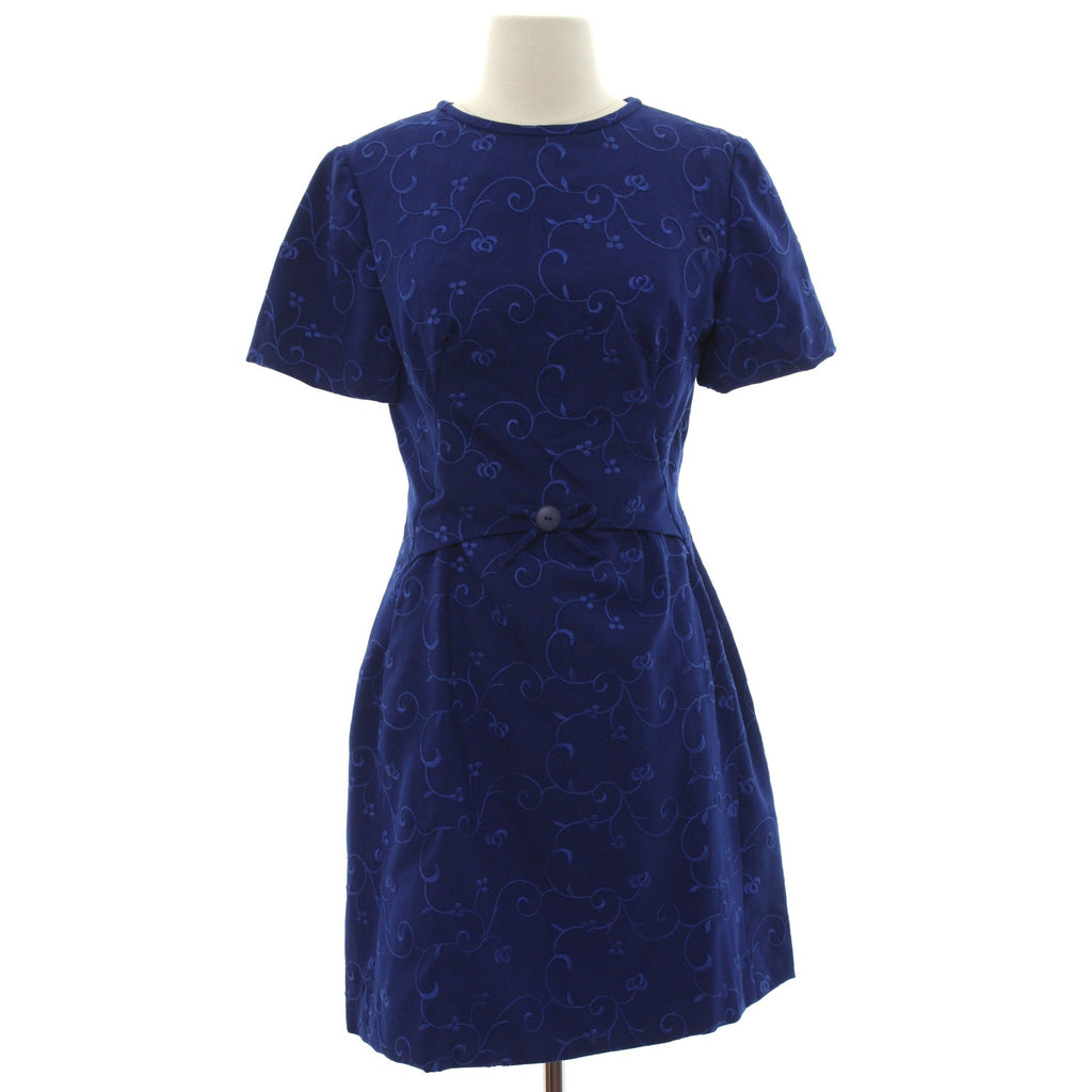 Vintage 70s Home Sewn Navy Embroidered Wool Mini Dress Bow Front Small