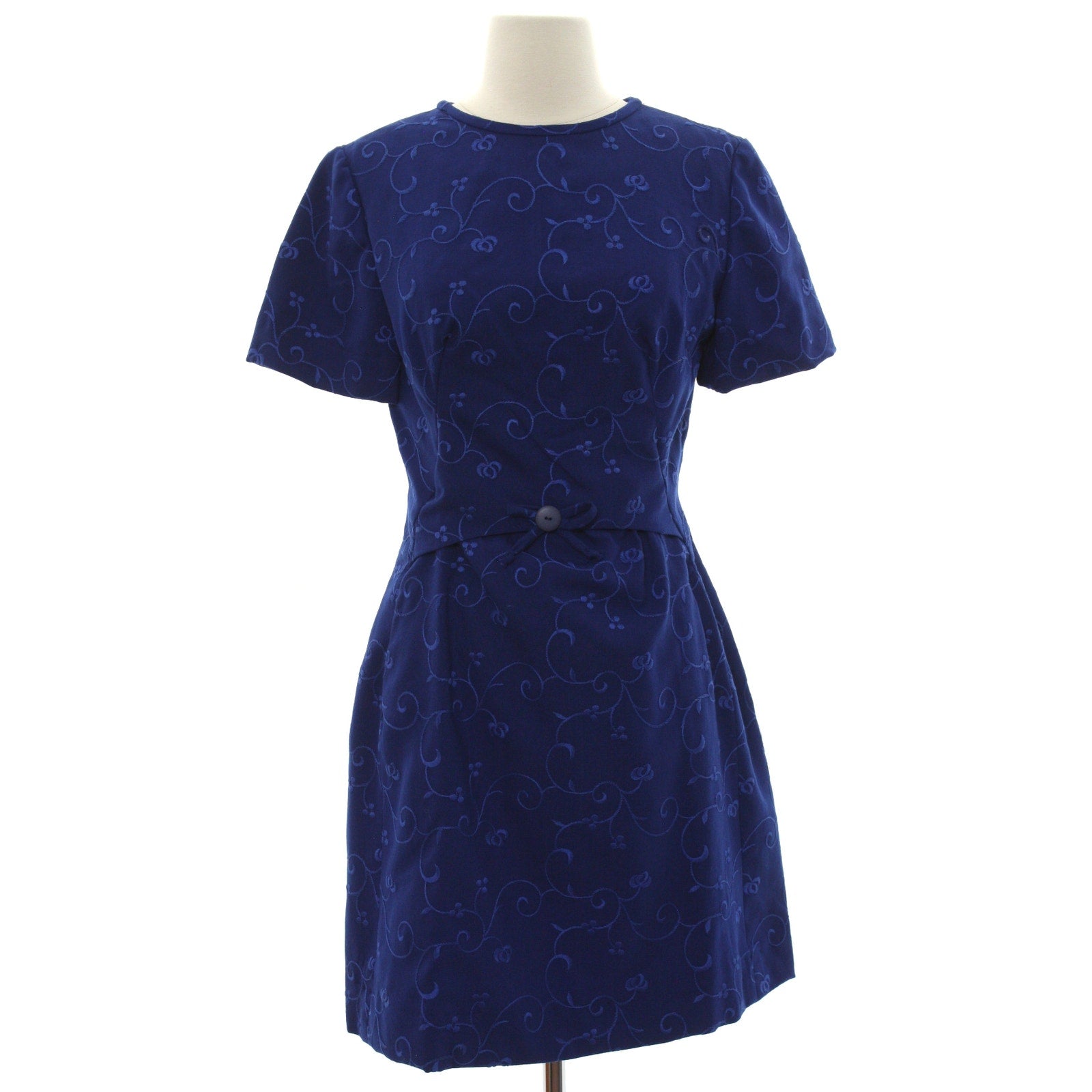 Vintage 70s Home Sewn Navy Embroidered Wool Mini Dress Bow Front Small