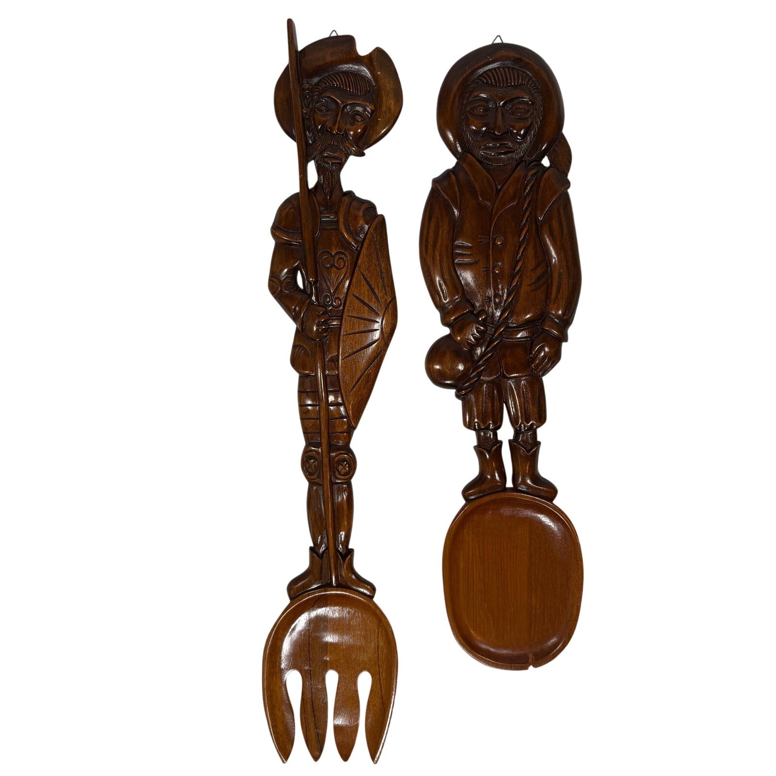 Vintage 60s Hand Carved Wood Spoon and Fork Set Folk Art Wall Decor