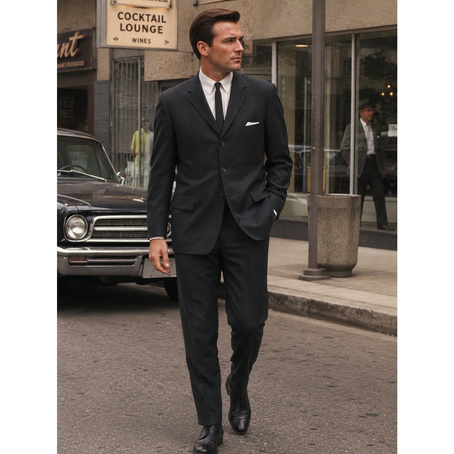 Vintage 1960s Black Charcoal Wool Suit 42R 36x29 Mad Men Mod Weiners