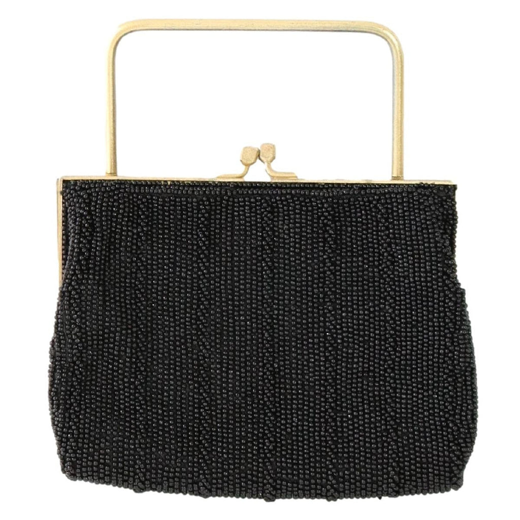 Vintage 70s Ruchere Black Beaded Gold Frame Evening Clutch Purse Top Handle