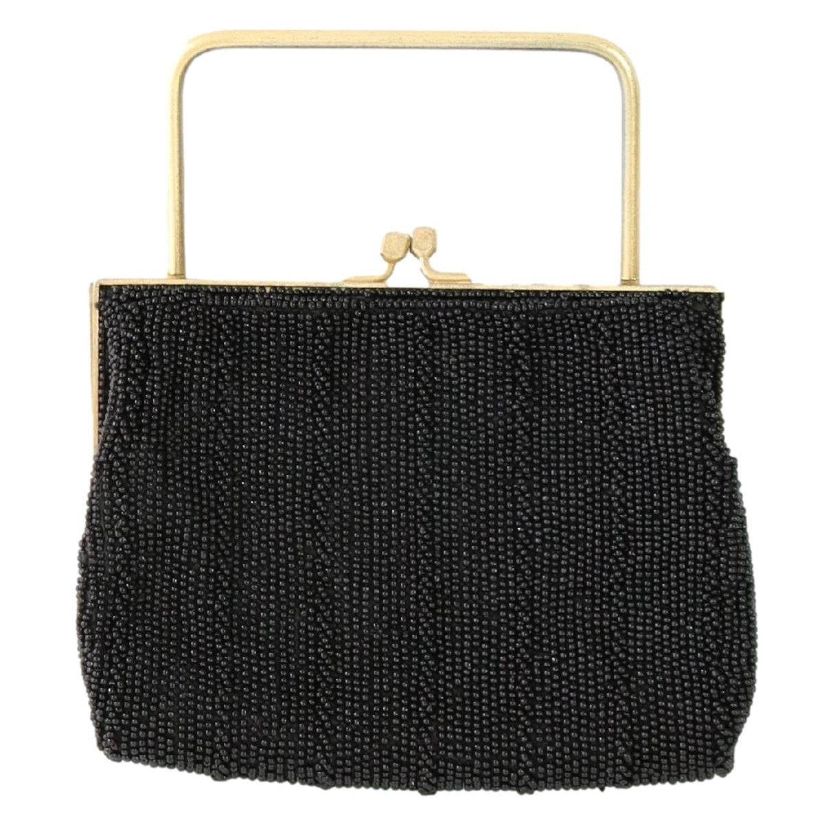 Vintage 70s Ruchere Black Beaded Gold Frame Evening Clutch Purse Top Handle