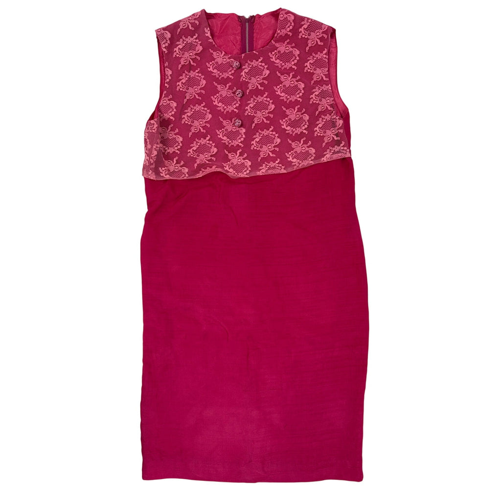 Vintage 1960s Pink Silk Lace Shift Dress Rhinestone Buttons Women's Small
