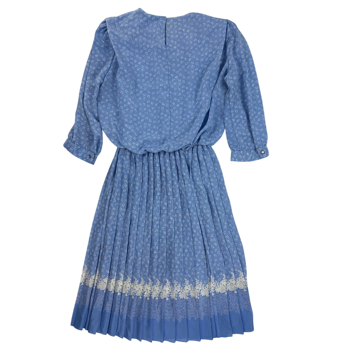 Vintage 1970s Amy-Deb Blue Floral Border Print Pleated Midi Dress Women's Medium