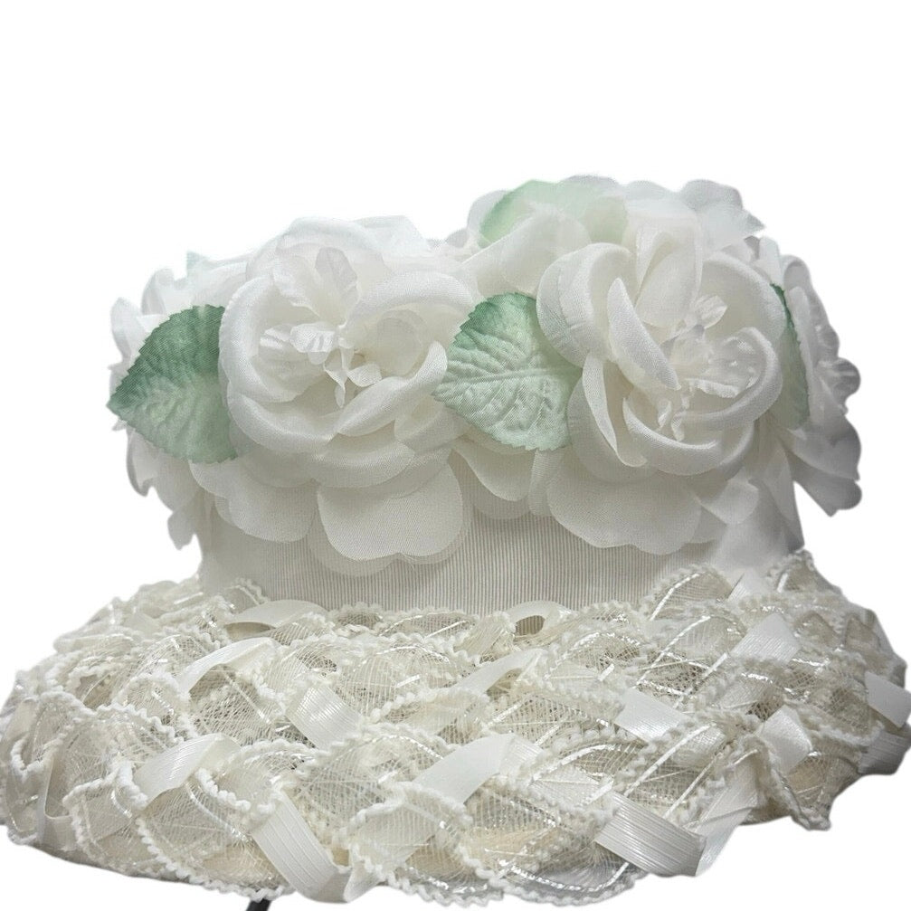 Vintage 60s White Floral Bucket Hat Lace Chiffon Union Label