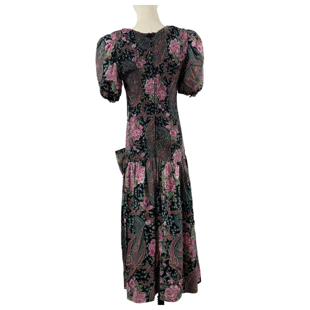 Vintage 80s ACT I New York Black Floral Drop Waist Midi Dress Women's 9/10