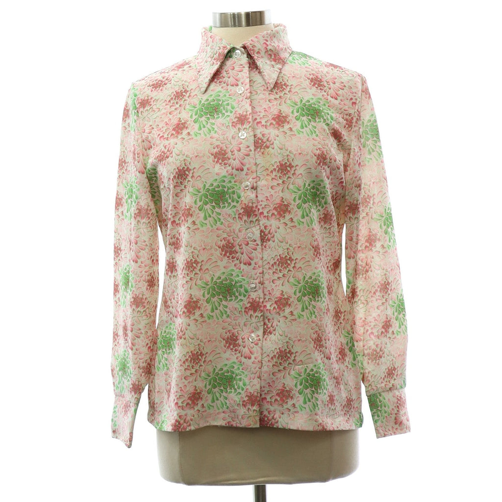 Vintage 70s Jantzen Pink Green Floral Long Sleeve Blouse Women's Medium