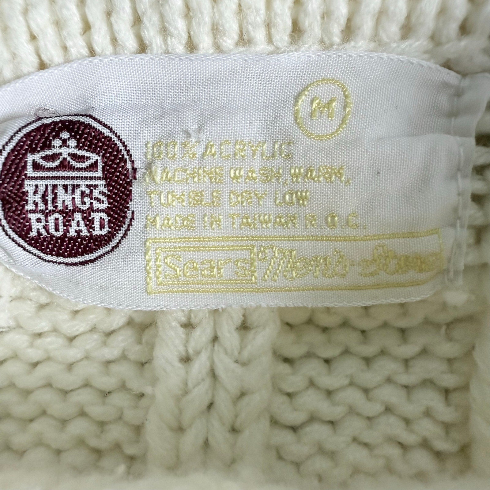 Vintage 70s Men's Medium Cream Cable Knit Sweater Acrylic Sears King Road