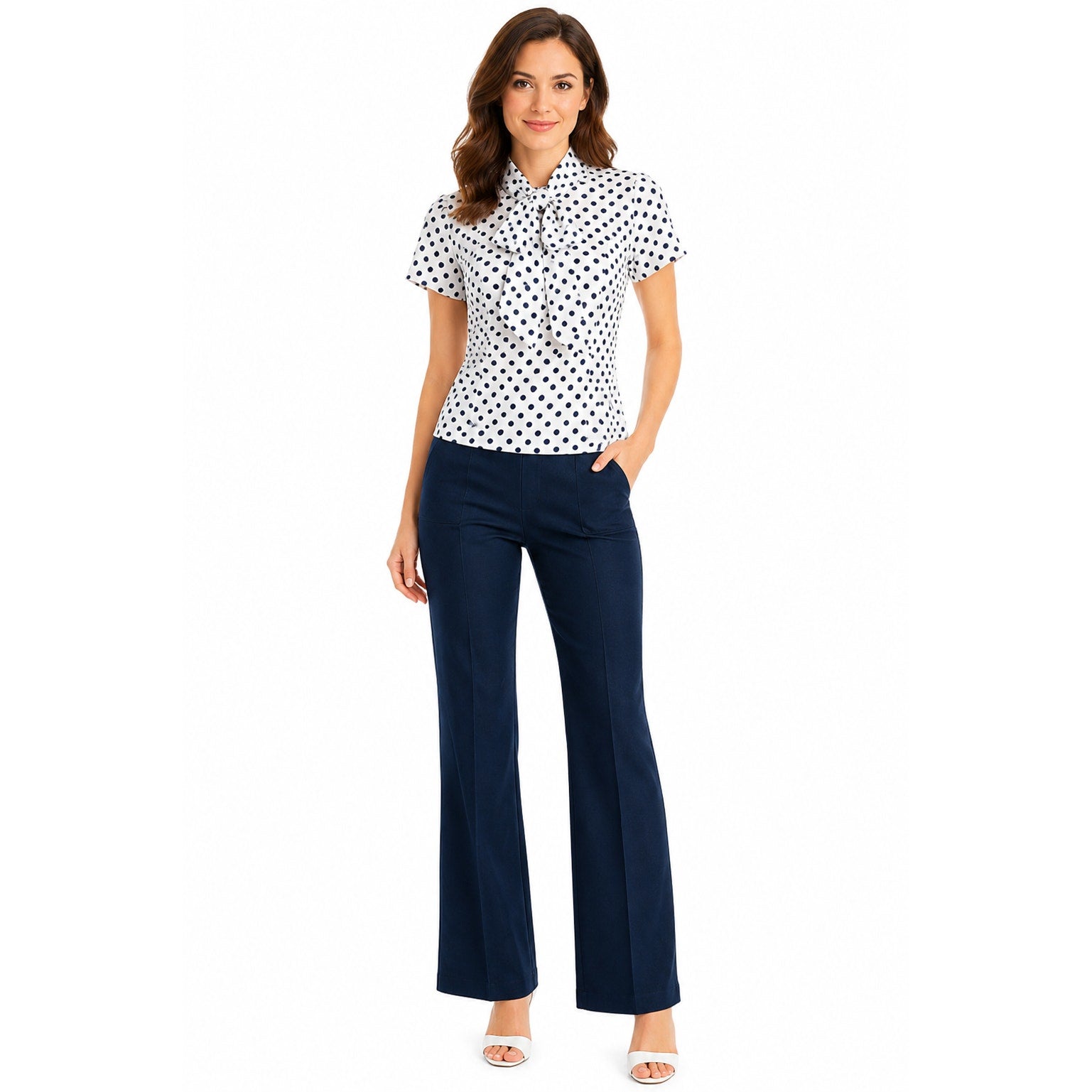 Vintage 70s White Black Polka Dot Tie Neck Blouse Top Women's 34 Bust