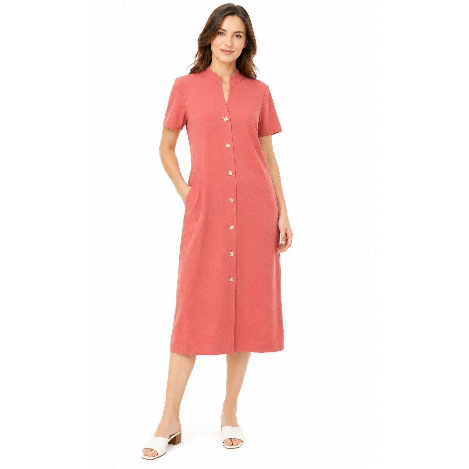 Vintage 70s Kiva Coral Knit Shirt Dress Button Front Stretch Midi 36 Bust