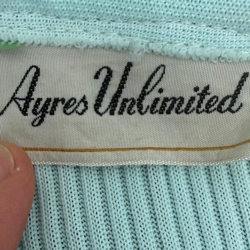 Vintage 70s Ayres Unlimited Aqua Maxi Dress Belted Ribbed Knit Long Sleeve