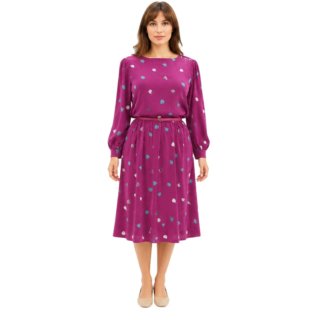 Vintage 1970s Purple Floral Midi Dress Handmade Belted Long Sleeve Woman Medium
