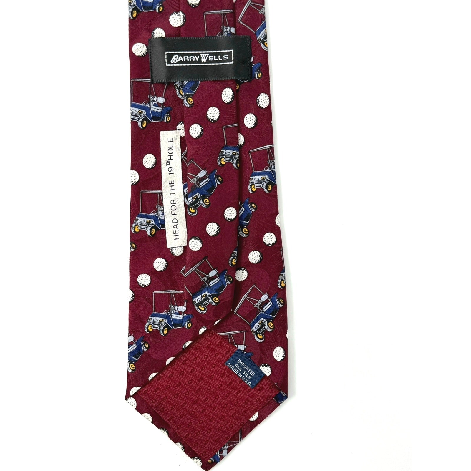 Vintage 90s Golf Red Tie Silk Golf Cart Golf Ball Print Made in USA Barry Wells