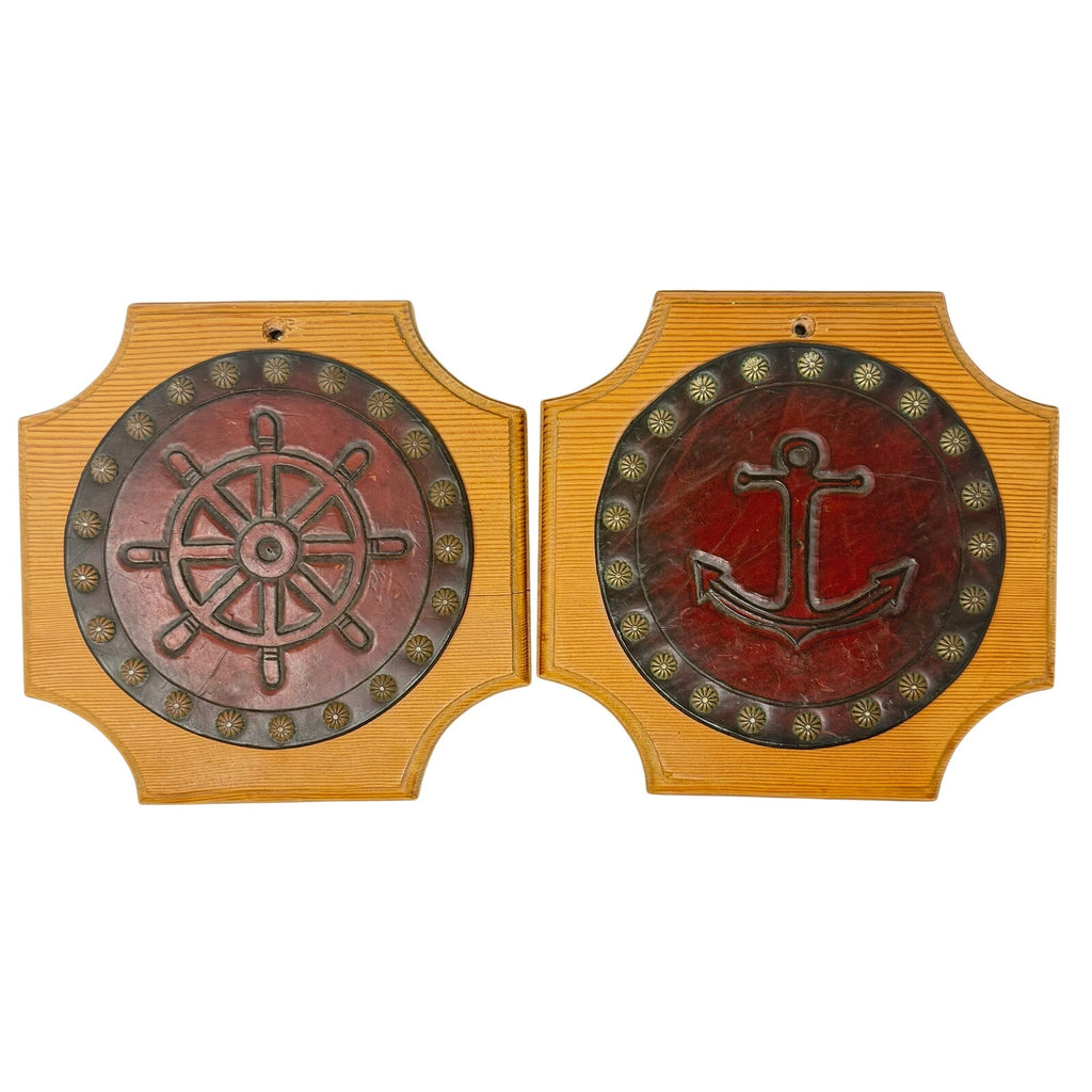 Vintage 70s Nautical Wood Trivets Anchor Ship Wheel Wall Hanging Set